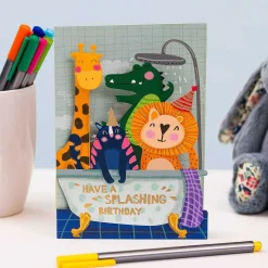 Animals Splashing Paper Cut Art Birthday Card><noscript><img width=