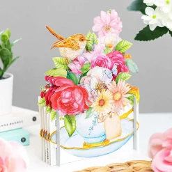Teacup Flower And Bird Greetings 3D Pop Up Card>Alljoy Design Clearance
