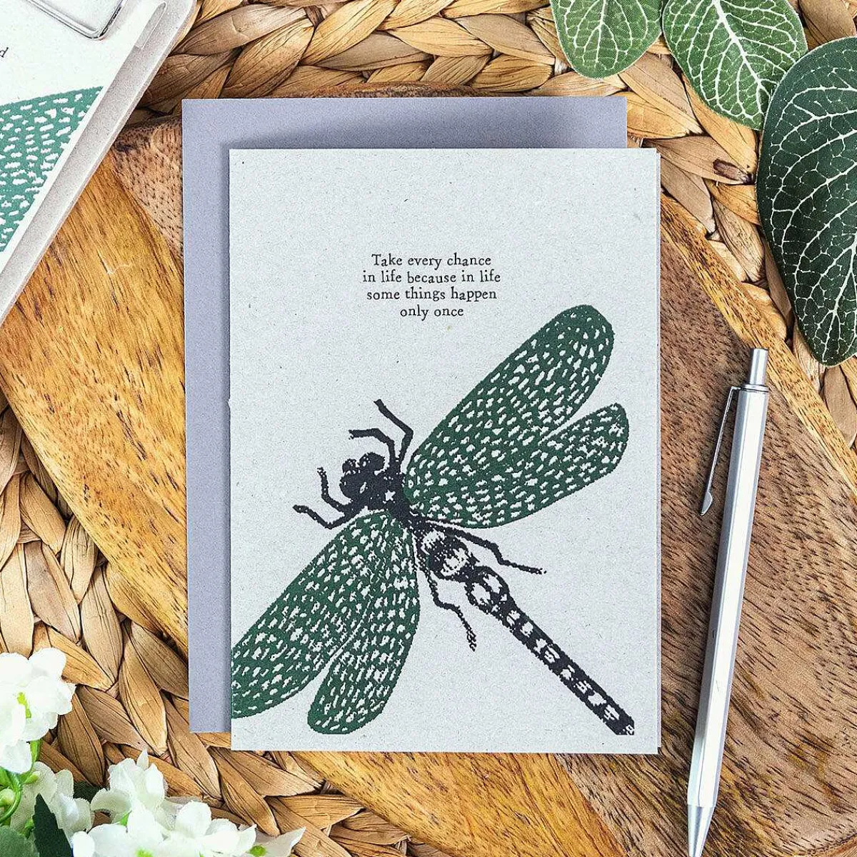 Block Print 'Take Every Chance' Dragonfly Greetings Card>East of India Clearance