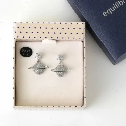 Celestial Pave Planet White Gold Plated Earrings>Equilibrium Clearance