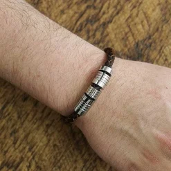 Men's 7 Ring Stainless Steel Brown Leather Bracelet><noscript><img width=