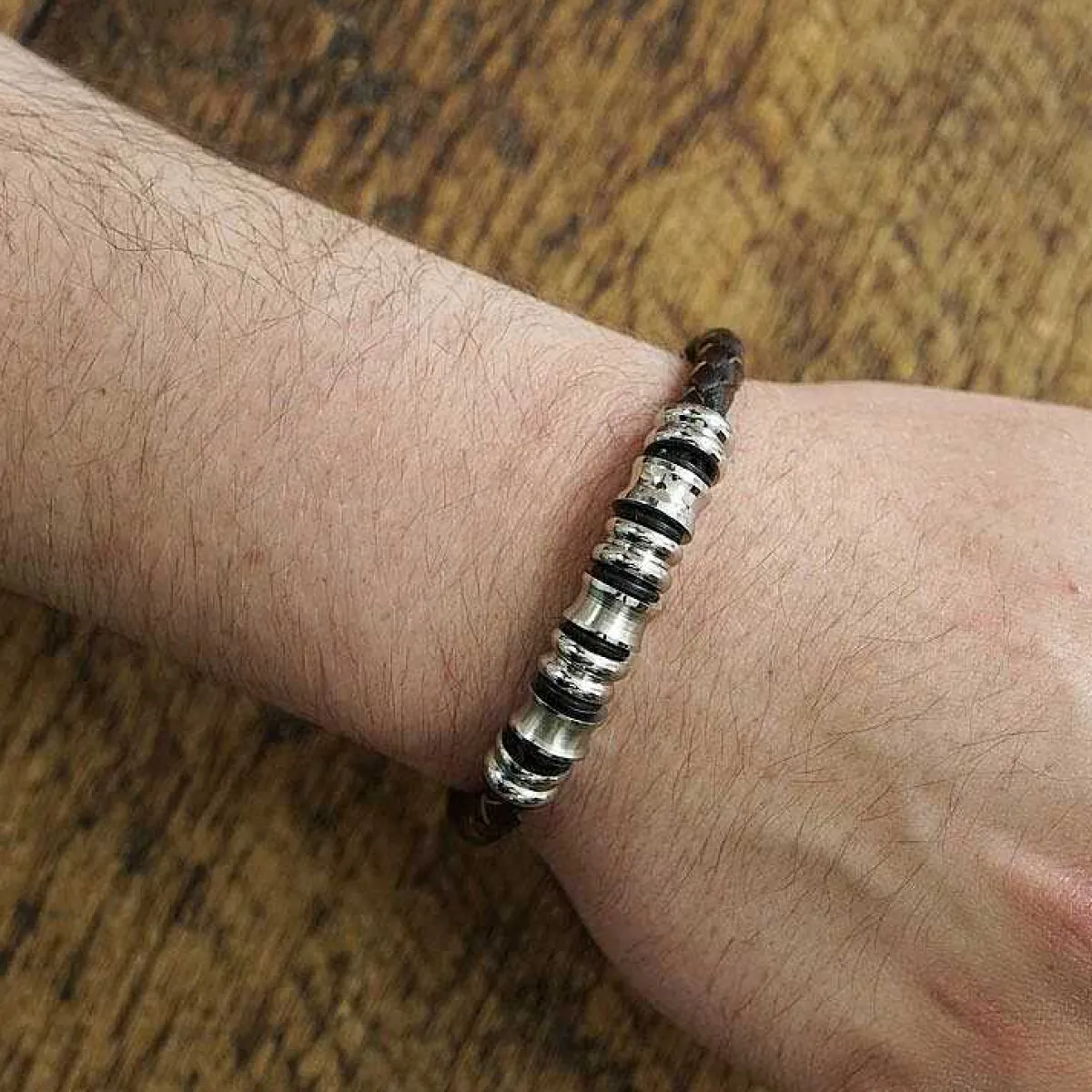 Men's Spaced Stainless Steel Brown Leather Bracelet>Equilibrium Store
