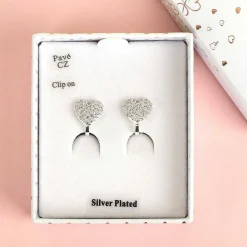 Silver Plated Pave Heart Clip On Earrings>Equilibrium Store