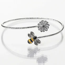 Silver Plated Hand Painted Bee Bangle With White Flower><noscript><img width=