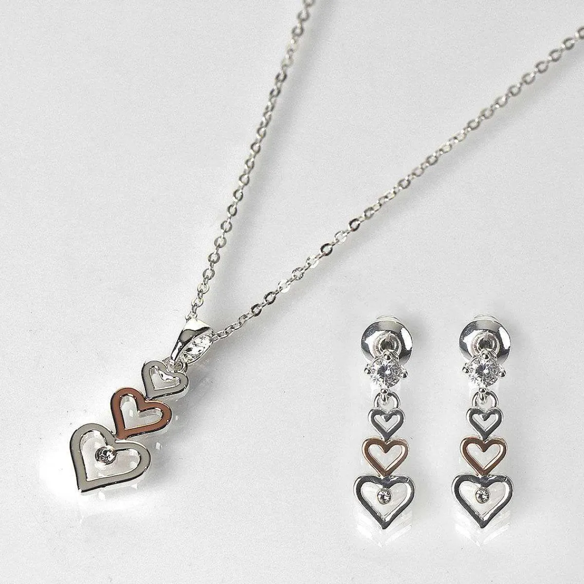 Two Tone Trio Of Hearts Necklace & Earrings Gift Set>Equilibrium Sale