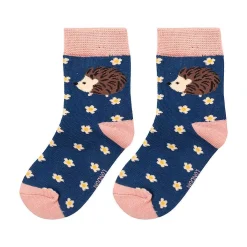 Navy Hedgehogs & Daisies Girls Bamboo Socks><noscript><img width=
