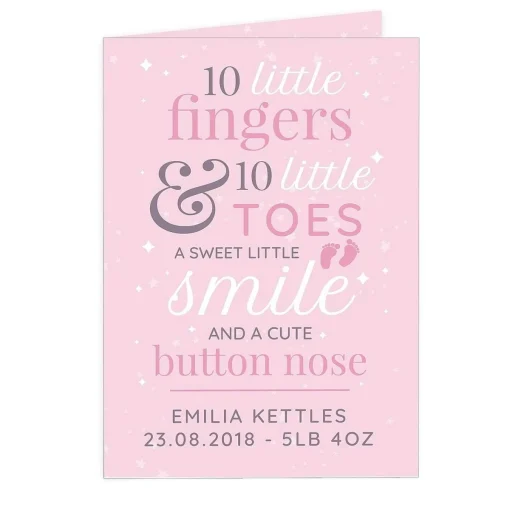 Personalised '10 Little Fingers' Pink Baby Card>Temptation Gifts New