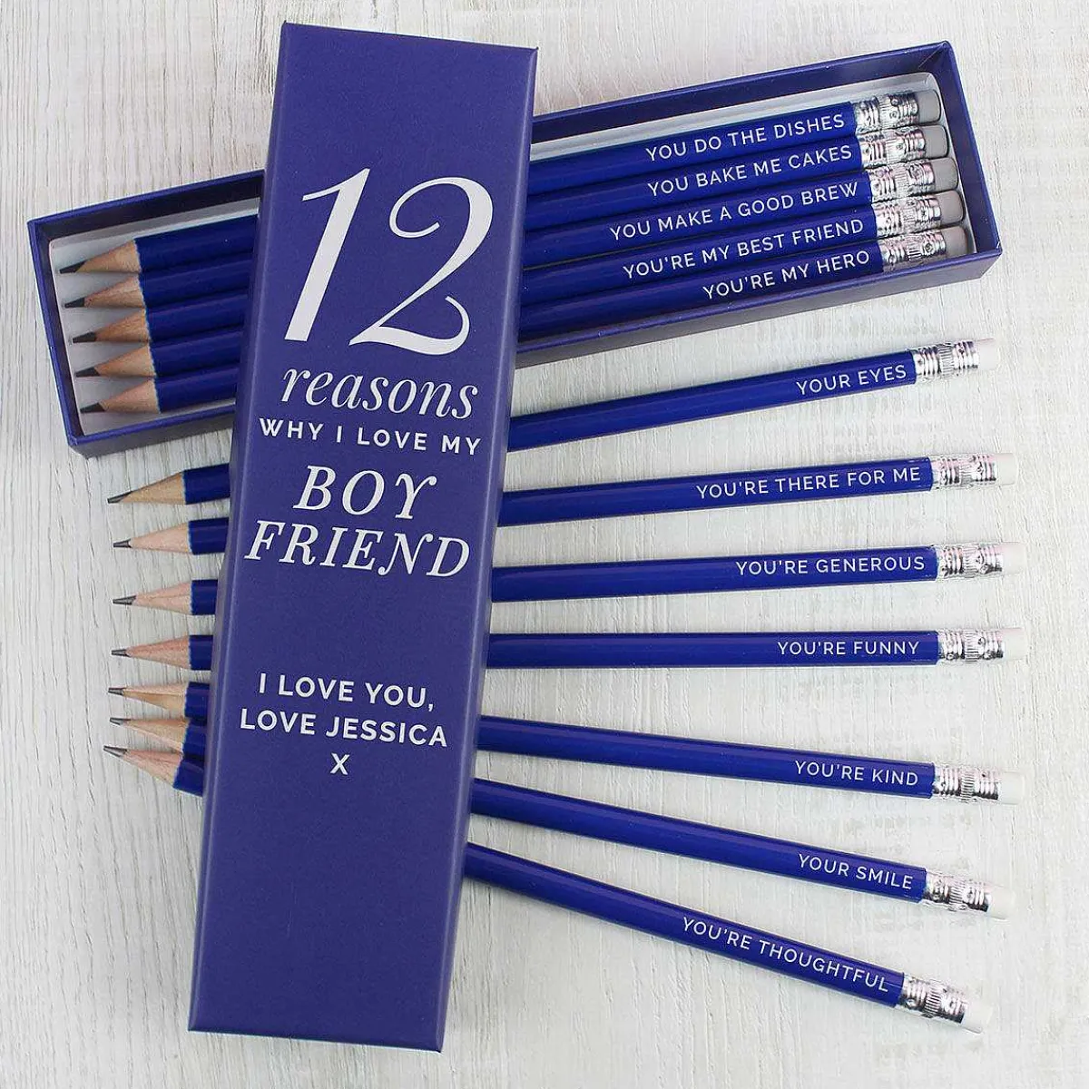 Personalised '12 Reasons' Box And 12 Blue Hb Pencils>Temptation Gifts Cheap
