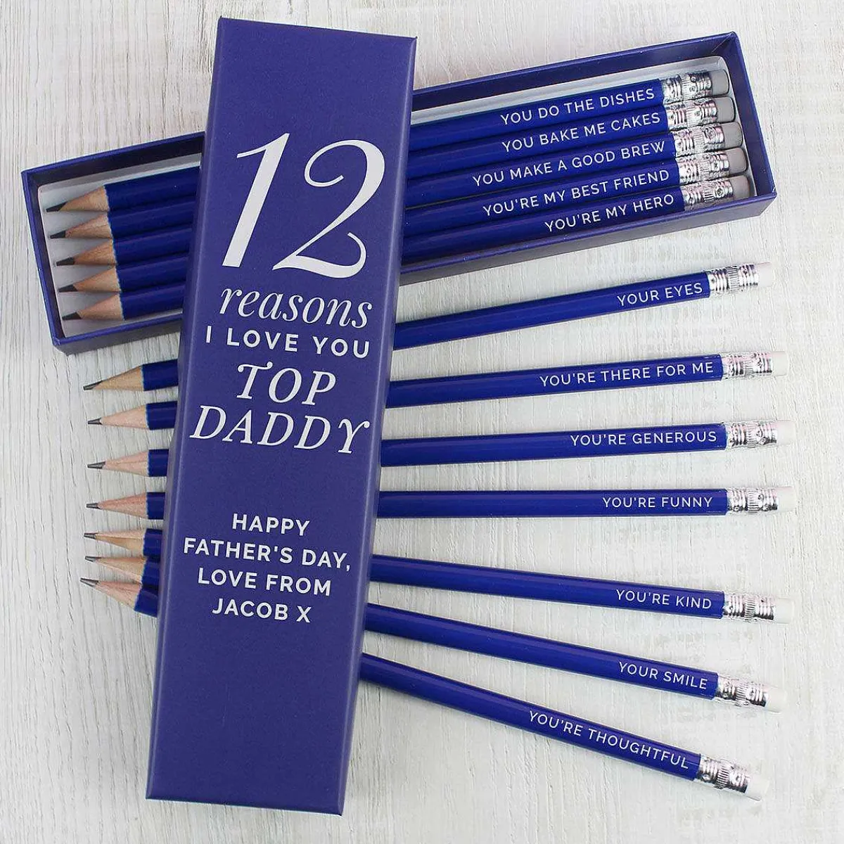 Personalised '12 Reasons' Box And 12 Blue Hb Pencils>Temptation Gifts Cheap