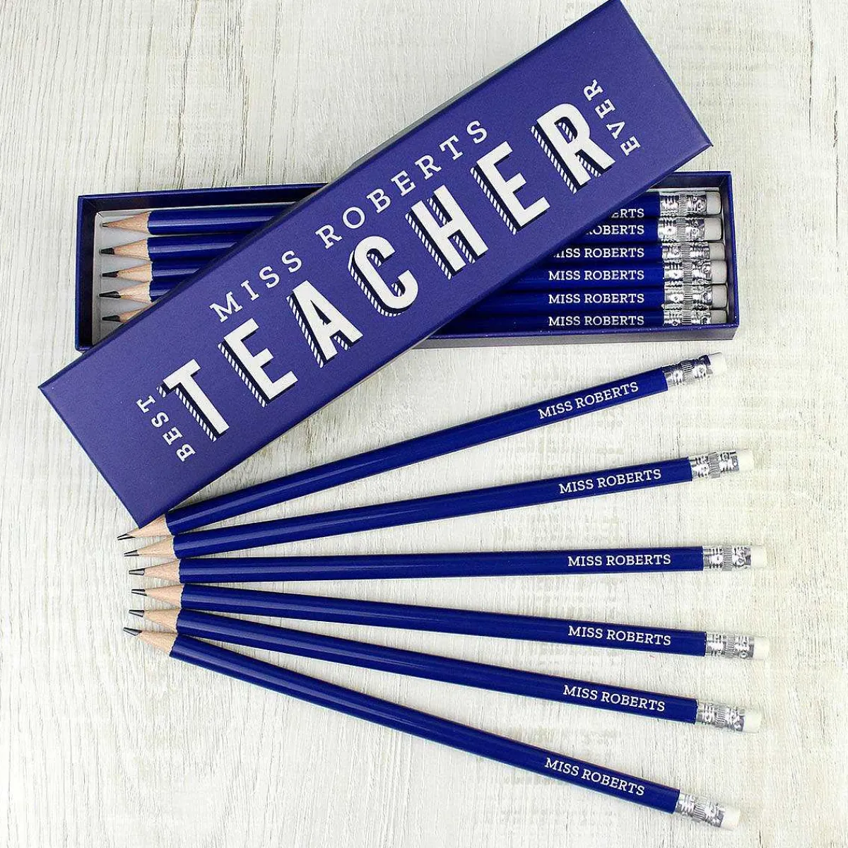 Personalised Best Teacher Ever Box And 12 Blue Hb Pencils>Temptation Gifts Cheap