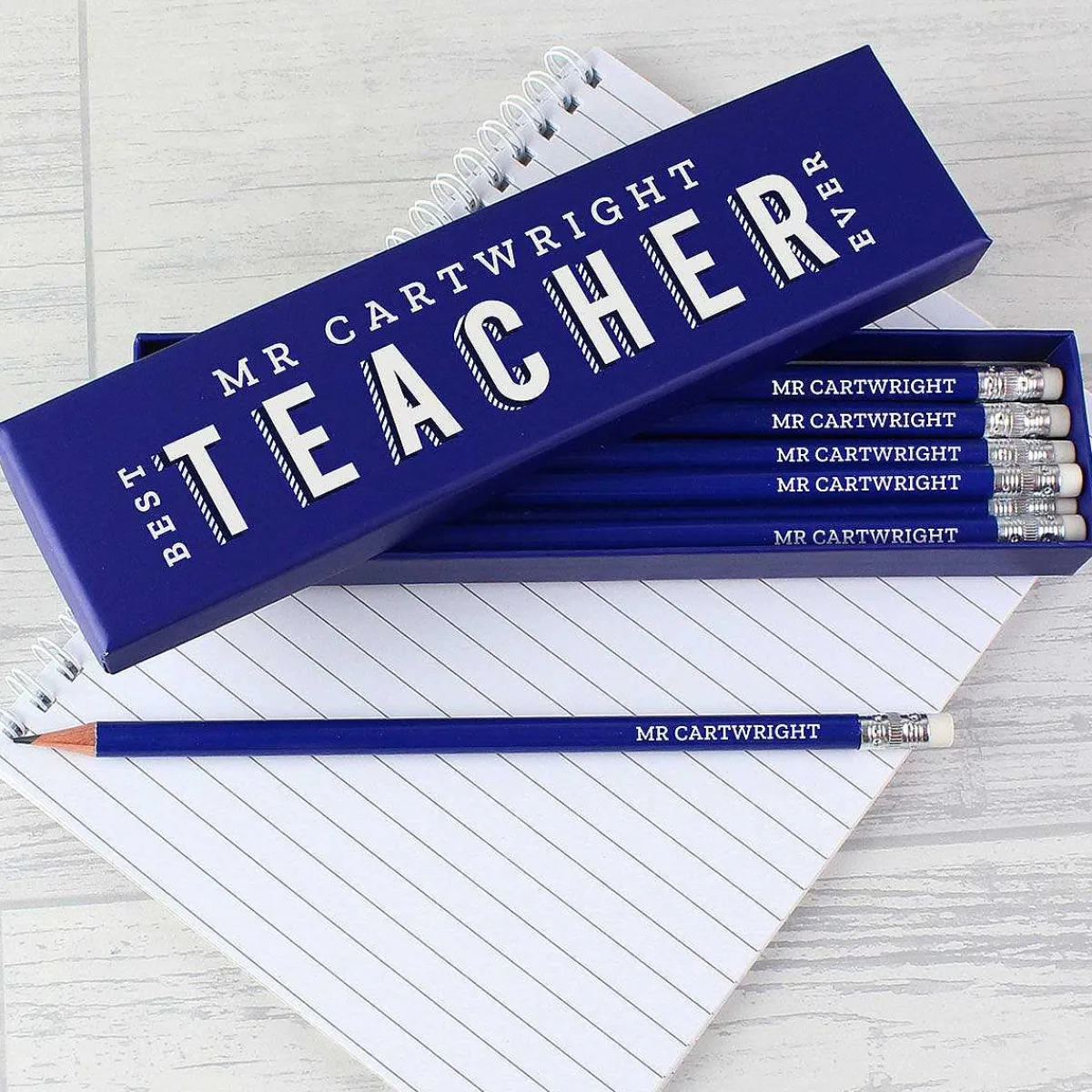 Personalised Best Teacher Ever Box And 12 Blue Hb Pencils>Temptation Gifts Cheap