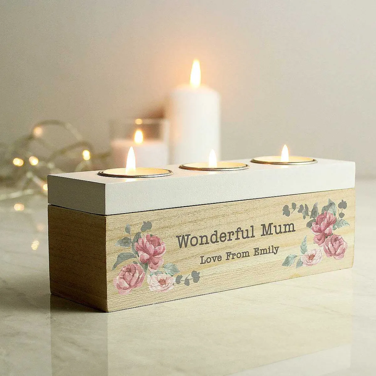 Personalised Floral Watercolour Triple Tealight Holder>Temptation Gifts Best