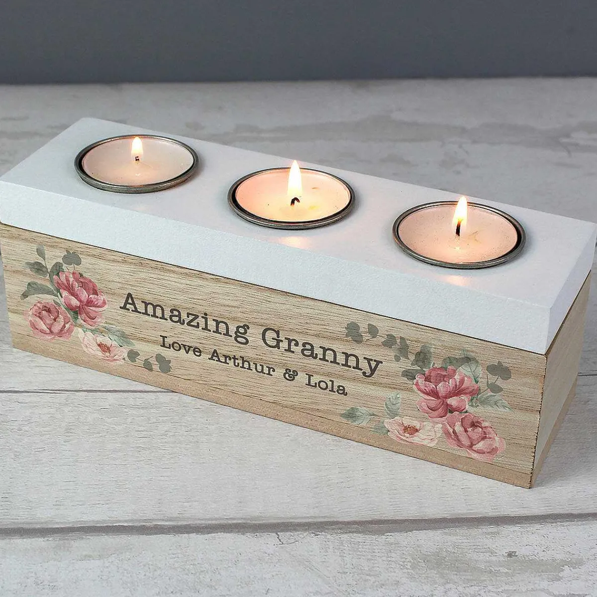 Personalised Floral Watercolour Triple Tealight Holder>Temptation Gifts Best