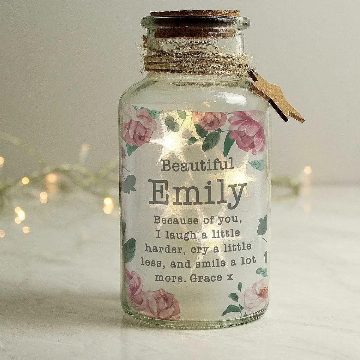 Personalised Floral Watercolour Led Glass Jar>Temptation Gifts Outlet