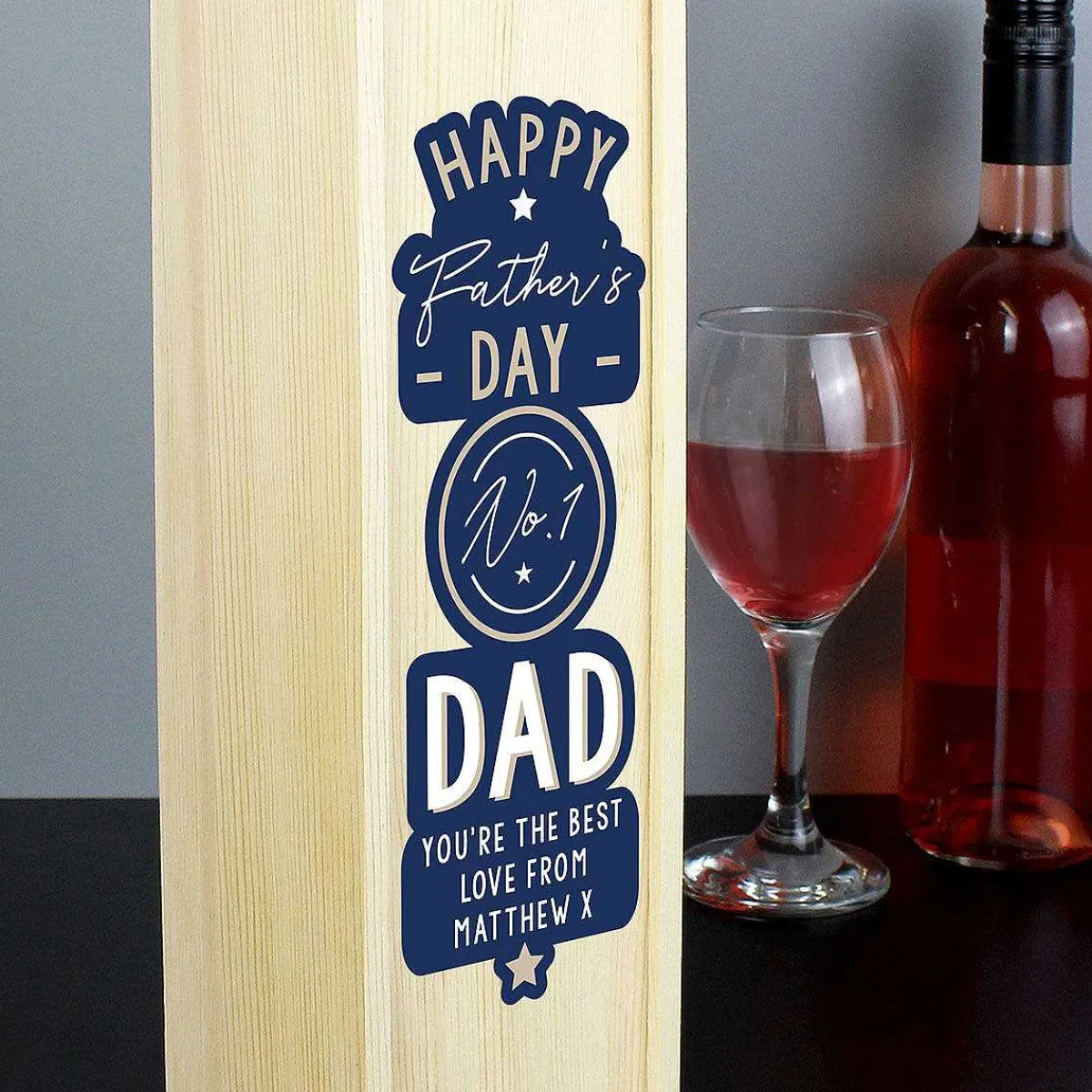 Personalised Happy Father's Day No.1 Dad Wooden Wine Bottle Box>Temptation Gifts Fashion