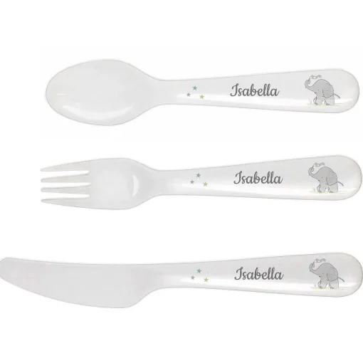 Personalised Hessian Elephant 3 Piece Plastic Cutlery Set>Temptation Gifts Sale
