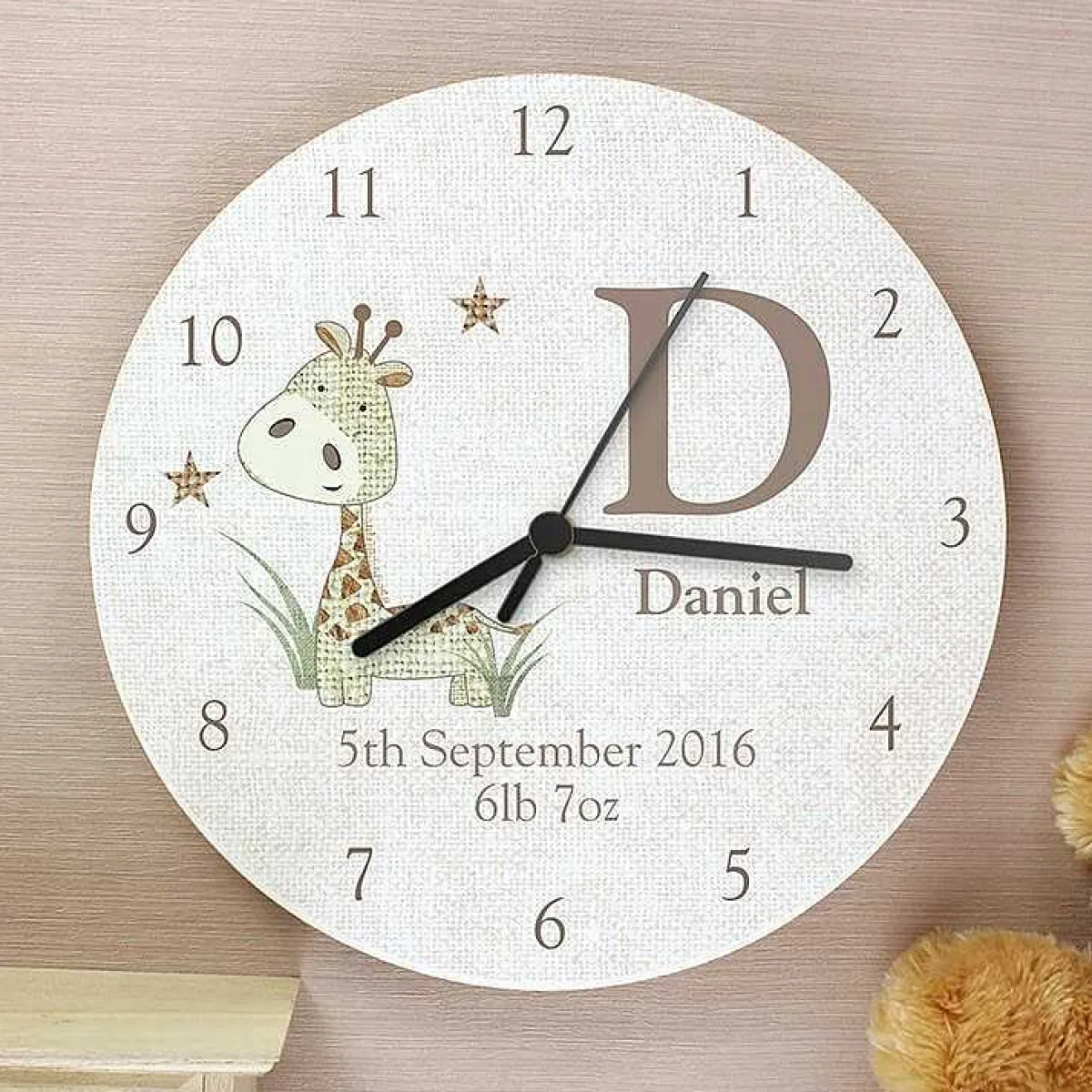Personalised Hessian Giraffe Wooden Clock>Temptation Gifts Outlet