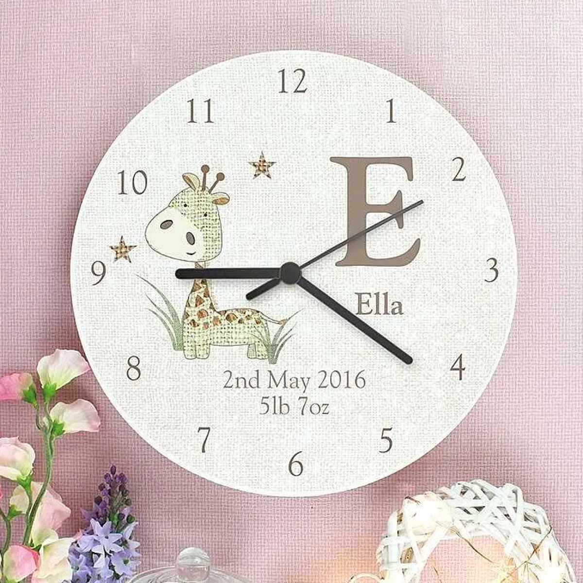 Personalised Hessian Giraffe Wooden Clock>Temptation Gifts Outlet