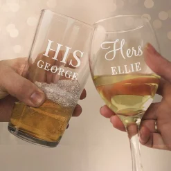 Personalised 'His & Hers' Pint And Wine Glass Set>Temptation Gifts Shop