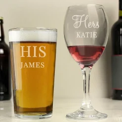 Personalised 'His & Hers' Pint And Wine Glass Set>Temptation Gifts Shop