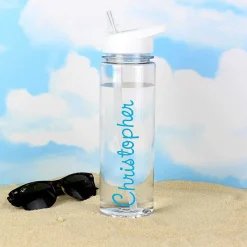 Personalised Island Water Bottle With Blue Text><noscript><img width=