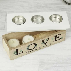 Personalised 'Love' Botanical Triple Tealight Box><noscript><img width=
