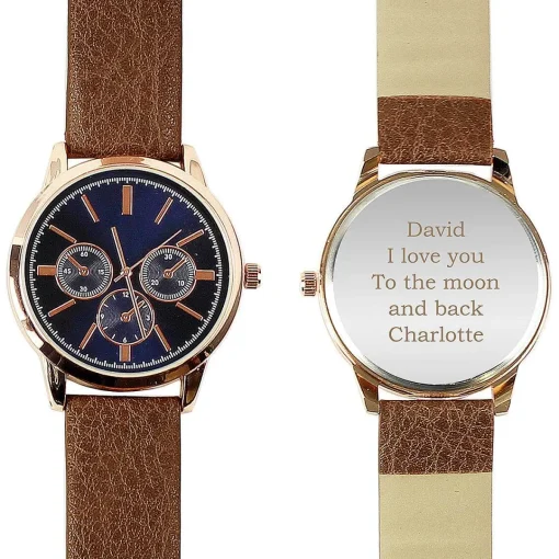 Personalised Men's Rose Gold Tone Watch With Brown Strap>Temptation Gifts Hot