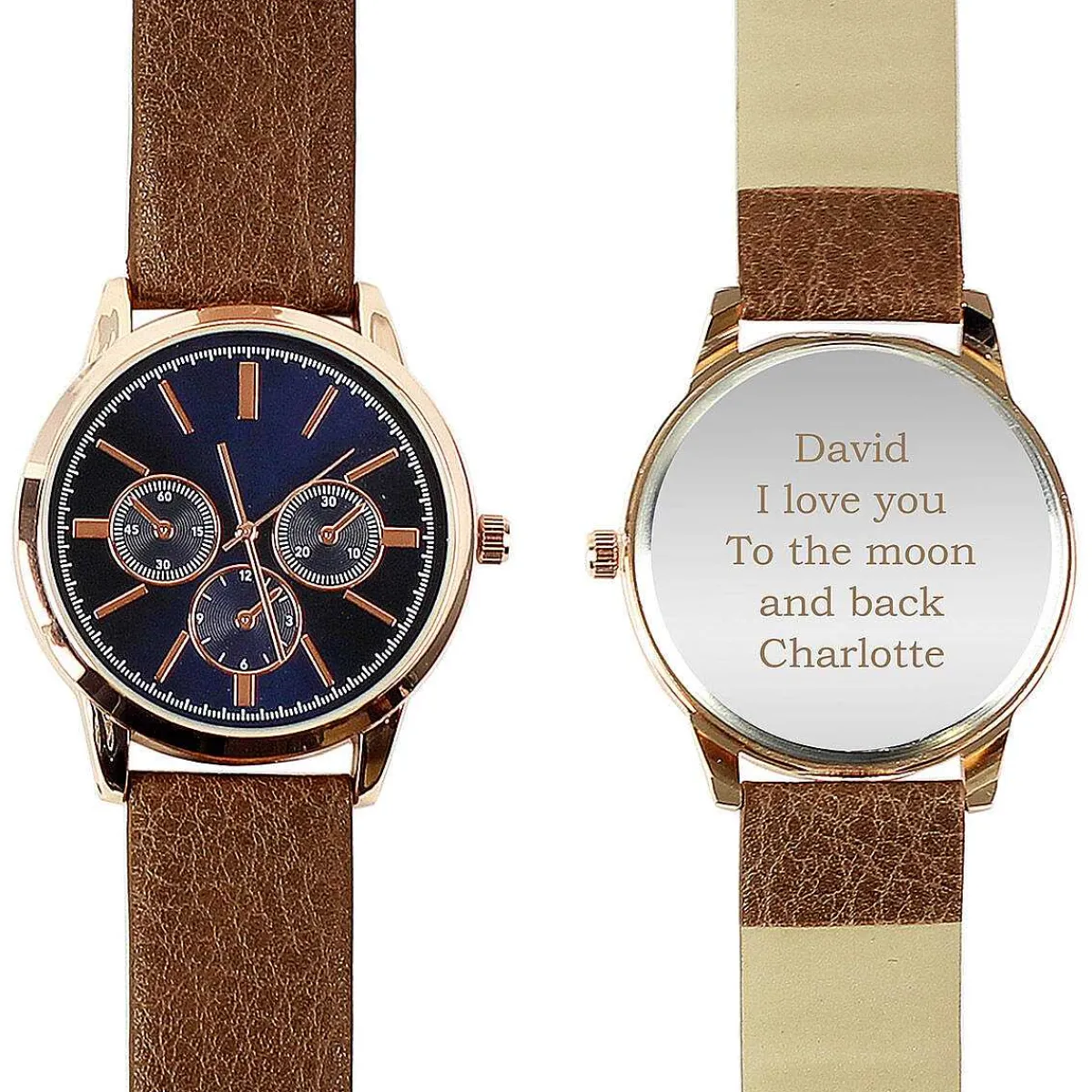Personalised Men's Rose Gold Tone Watch With Brown Strap>Temptation Gifts Hot