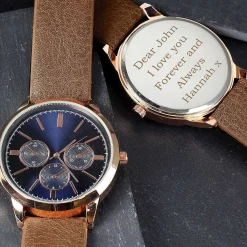 Personalised Men's Rose Gold Tone Watch With Brown Strap><noscript><img width=