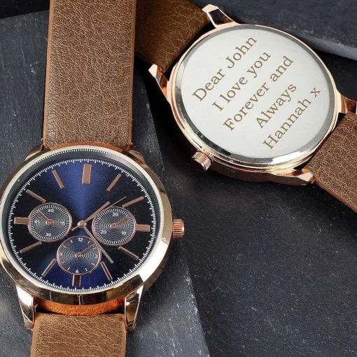Personalised Men's Rose Gold Tone Watch With Brown Strap>Temptation Gifts Hot