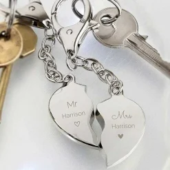 Personalised Mr & Mrs Two Hearts Keyring><noscript><img width=