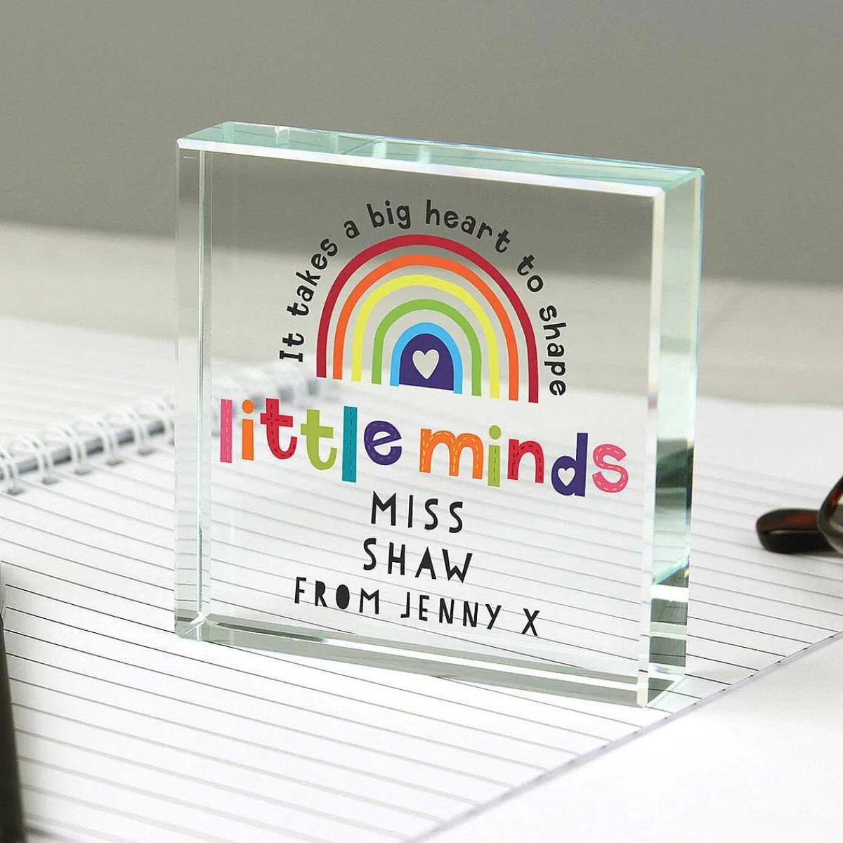 Personalised Teacher 'shape Little Minds' Crystal Token>Temptation Gifts Online