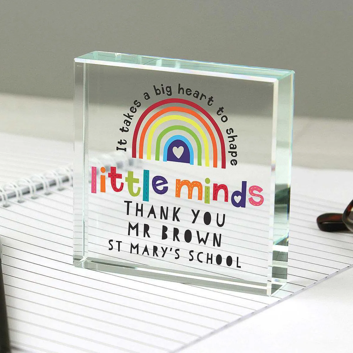 Personalised Teacher 'shape Little Minds' Crystal Token>Temptation Gifts Online