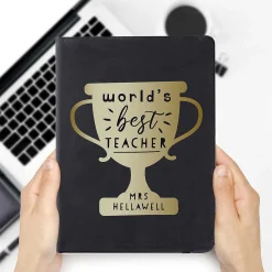 Personalised 'World's Best Teacher' Trophy Black Hardback A5 Notebook><noscript><img width=