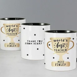 Personalised 'World's Best Teacher' Trophy Ceramic Mug><noscript><img width=