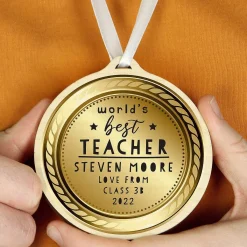 Personalised 'World's Best Teacher' Round Wooden Medal><noscript><img width=