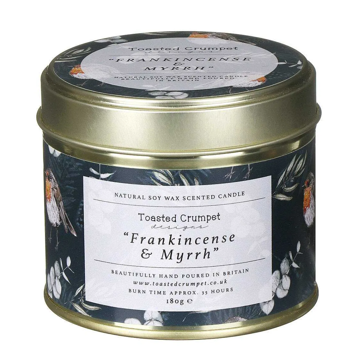 'Frankincense & Myrrh' Robin & Eucalyptus Christmas Tin Candle>Toasted Crumpet Fashion