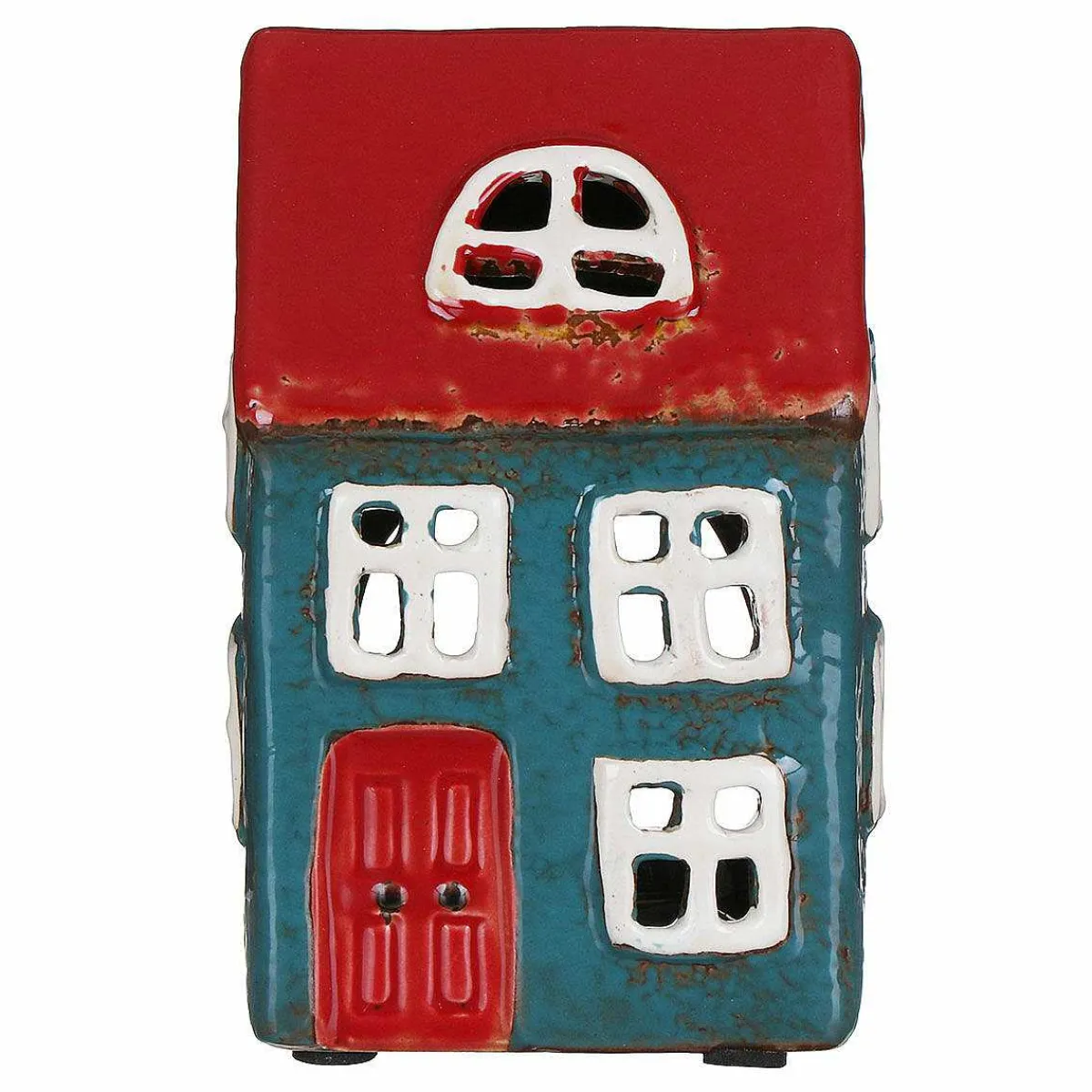 Blue & Red House Tealight Holder>Village Pottery Cheap