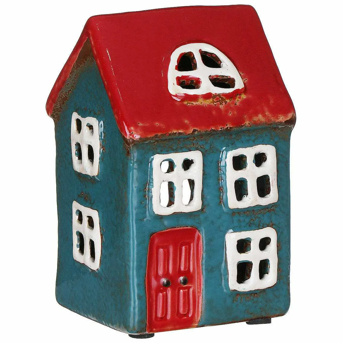 Blue & Red House Tealight Holder>Village Pottery Cheap