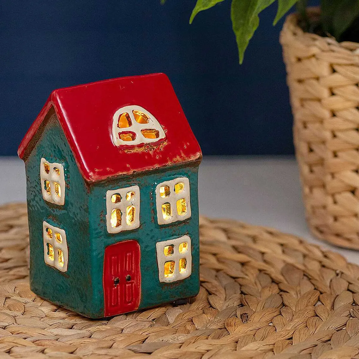 Blue & Red House Tealight Holder>Village Pottery Cheap