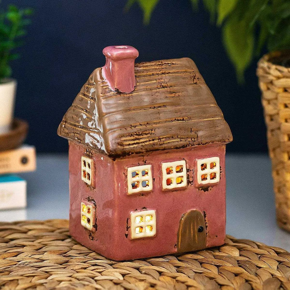 Pink Thatched House Tealight Holder>Village Pottery Sale