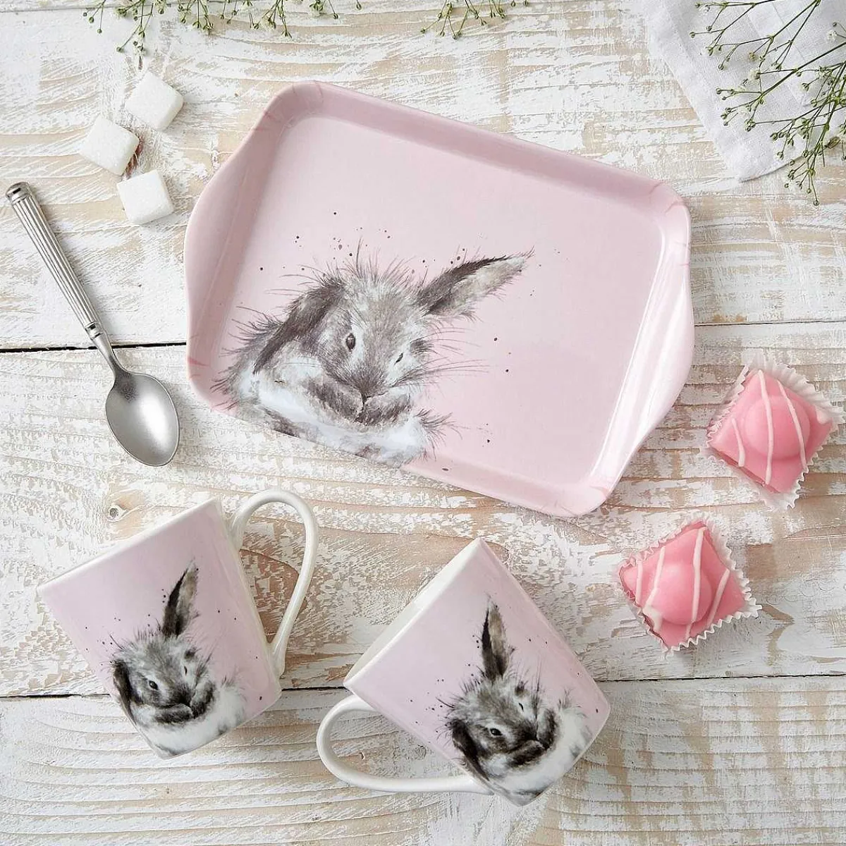 'Bathtime' Pink Rabbit 3 Piece Mugs & Tray Set>Wrendale Sale