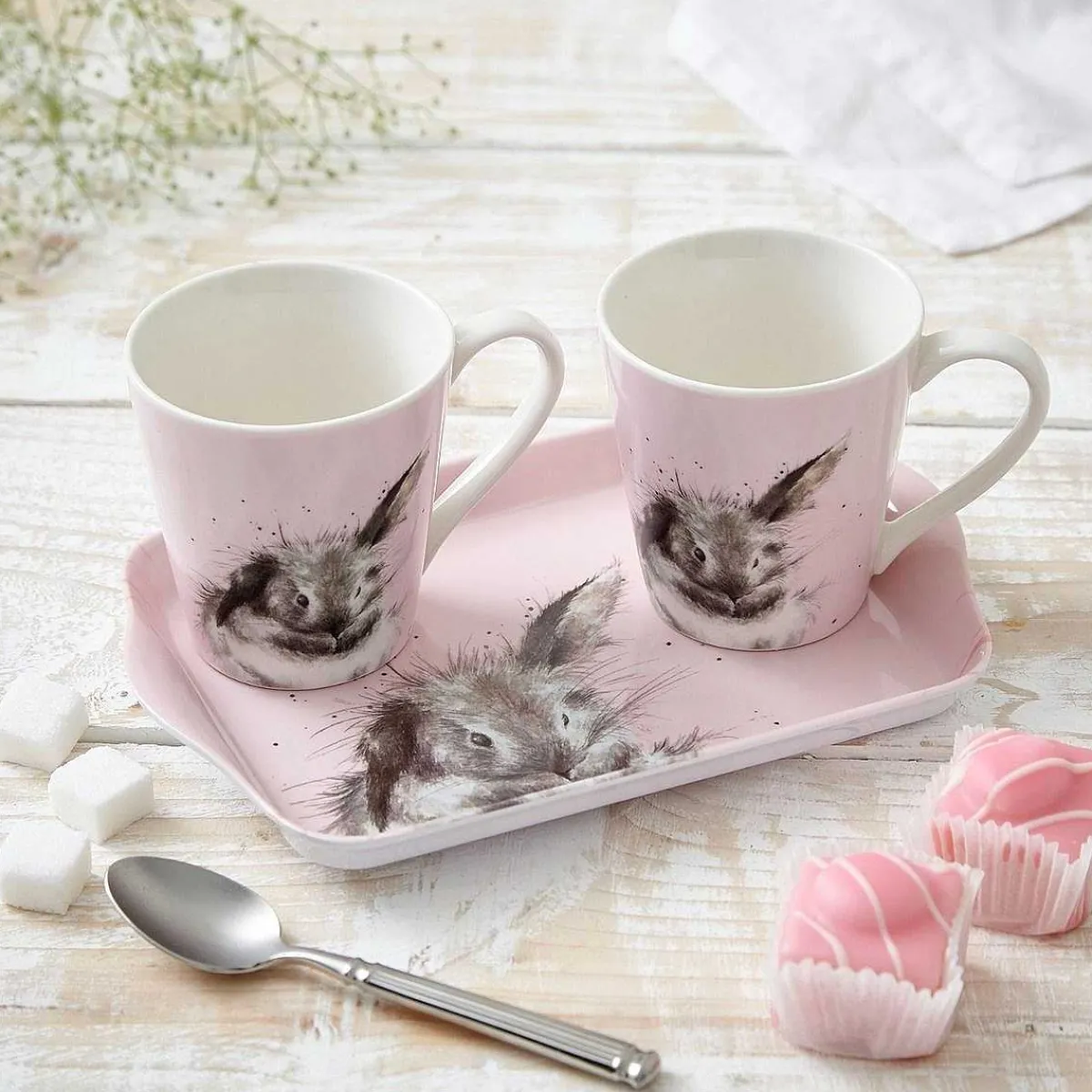 'Bathtime' Pink Rabbit 3 Piece Mugs & Tray Set>Wrendale Sale
